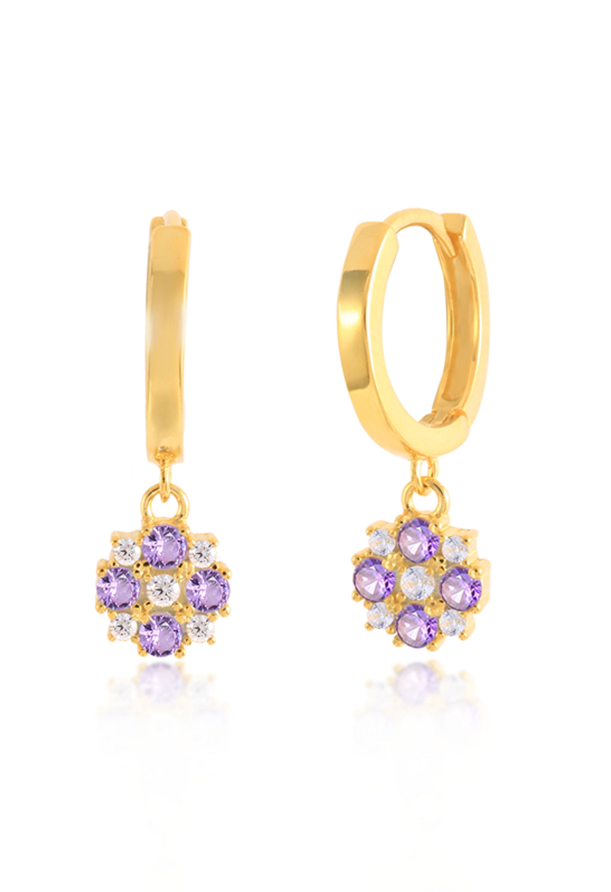 gold hoop earrings with purple and white flower drop charm